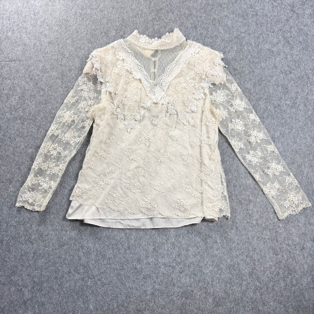 Vintage 80s Nicola Ivory Lace Blouse Womens 12 Victorian Ruffle Sheer USA Flaw